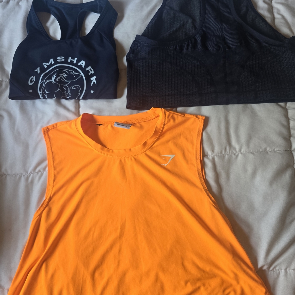Gymshark Black Sports Bras with Neon Orange Tank Top